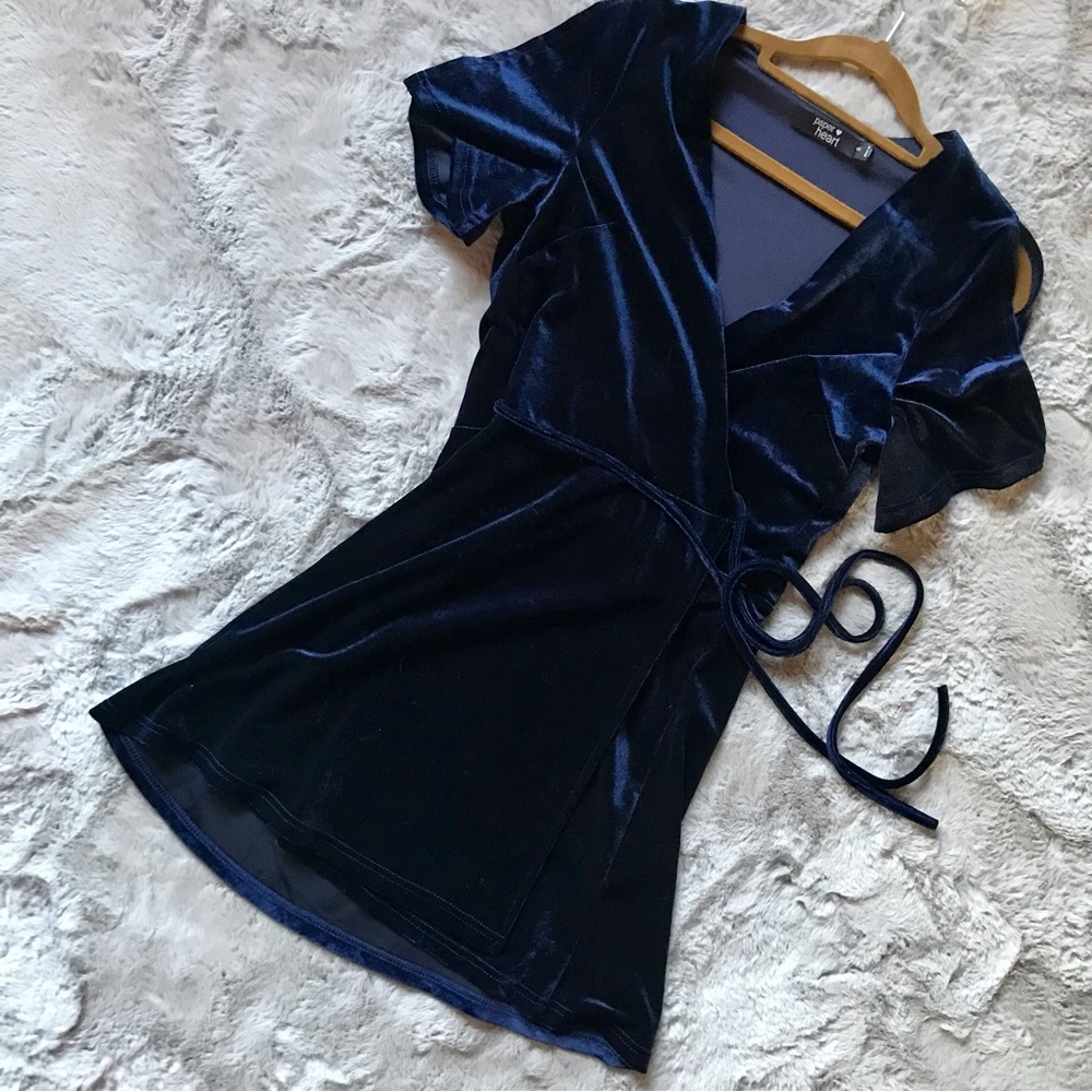 Royal Blue Velvet Wrap Dress split flutter sleeves tie front small